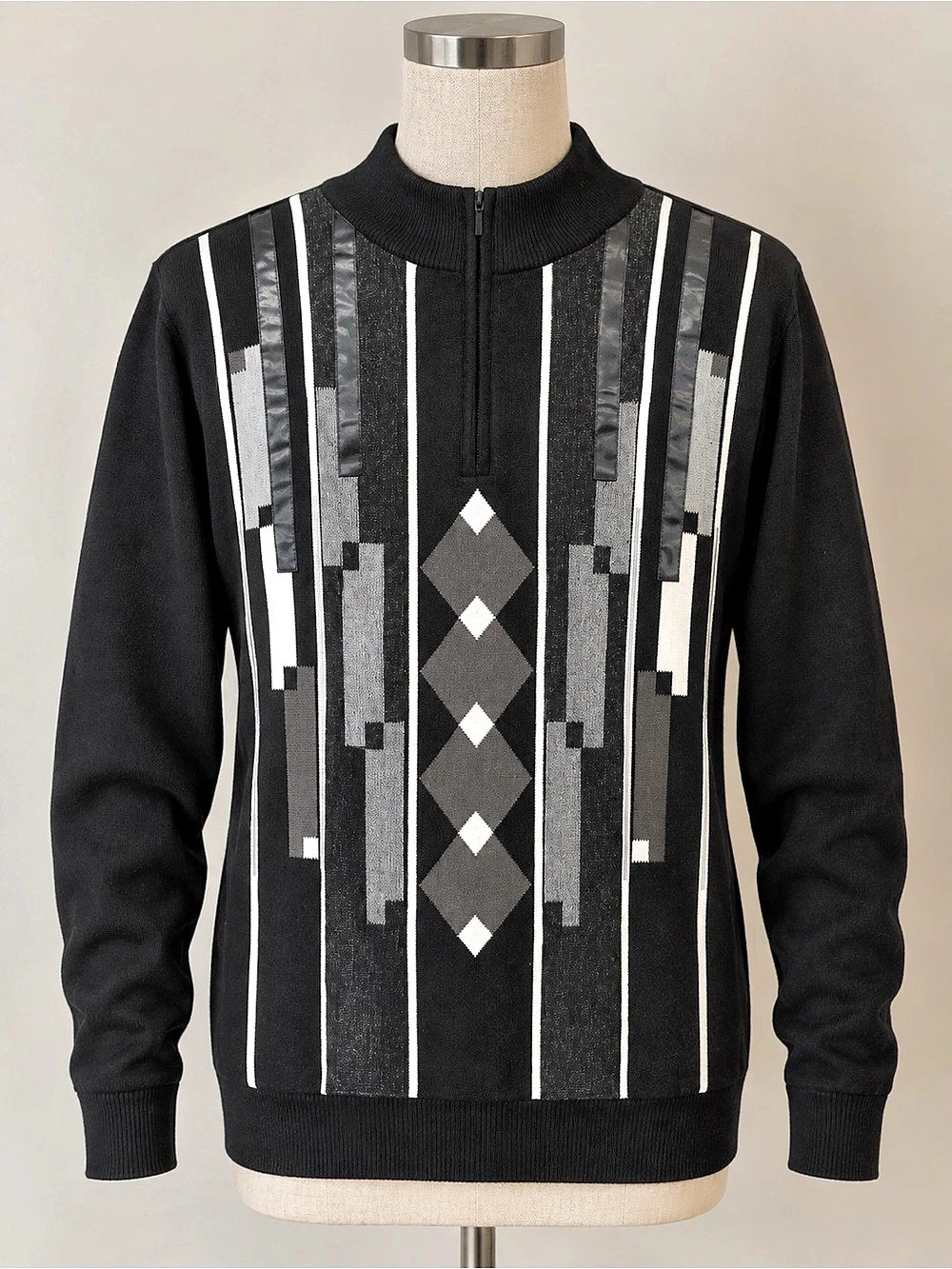 Men's Geometric Zip-Up Sweater in Black & Gray
